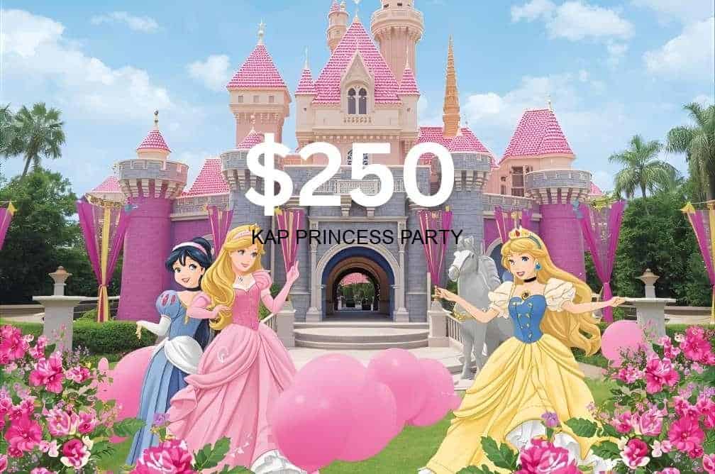Colorful princess castle with Disney characters for themed princess party entertainment and events.