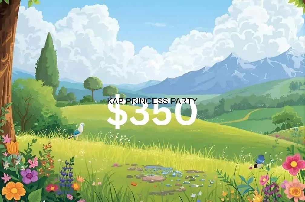 Bright princess party landscape with mountains, lush greenery, and colorful flowers, perfect for fairy tale themed events.